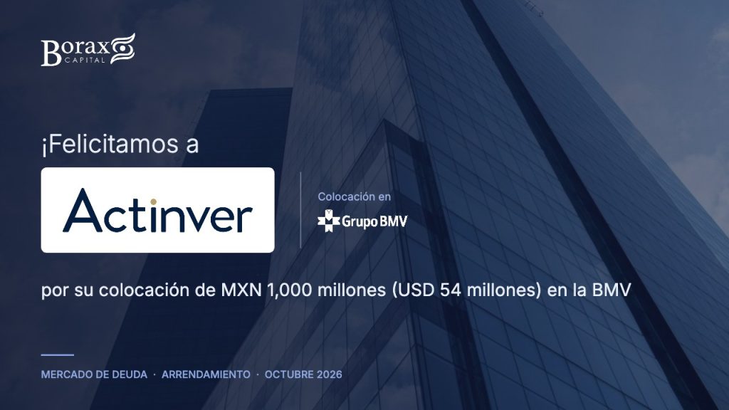 Felicitamos a Arrendadora Actinver por su colocación de MXN 1,000 millones (USD 54 millones) en la BMV